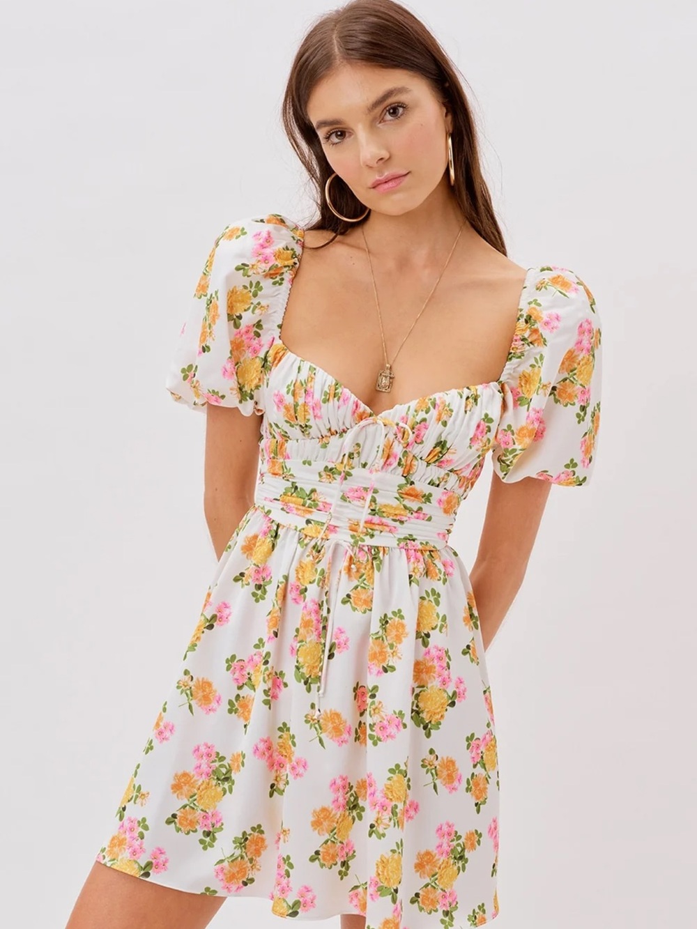 For Love & Lemons White Mini Dress with Yellow, Pink & Green Floral Print